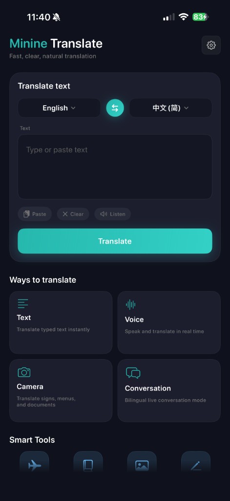 Minine Translate home screen with ways to translate and smart tools